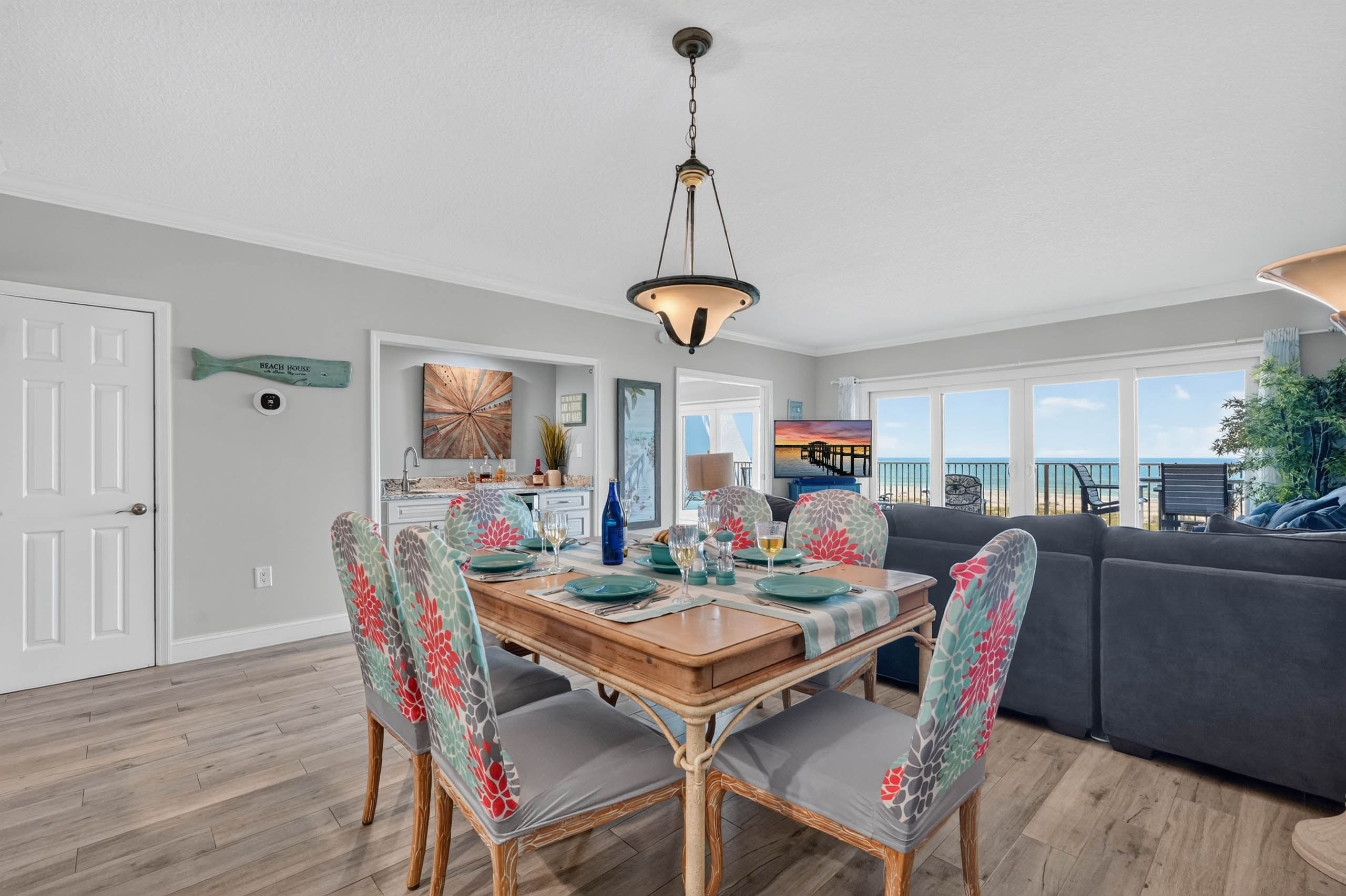 Living room, dining room, and bar